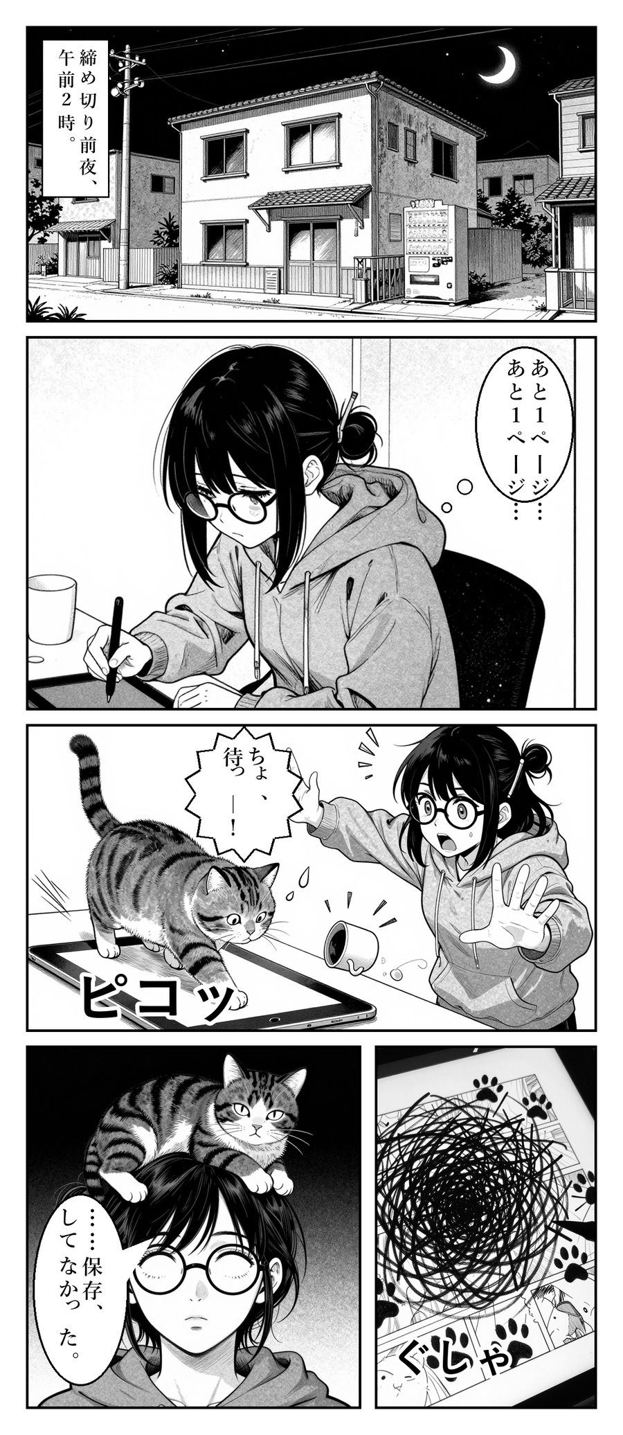見本2：締め切り前夜の漫画家と、タブレットを踏む猫の5コマ